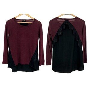 Sandro  Paris Burgundy Black crochet lace detailing long sleeve t-shirt SP